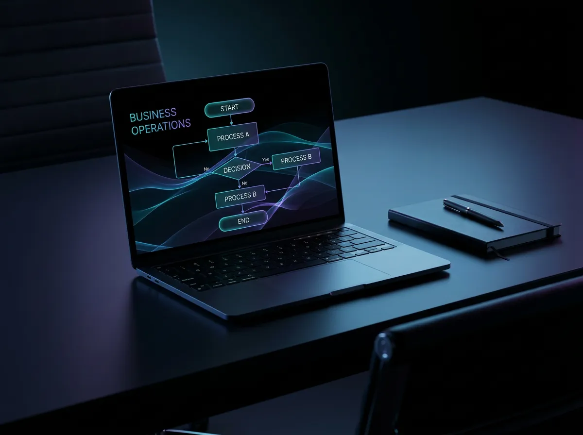 Desk with a notebook, laptop, and a business operations flowchart displayed on screen