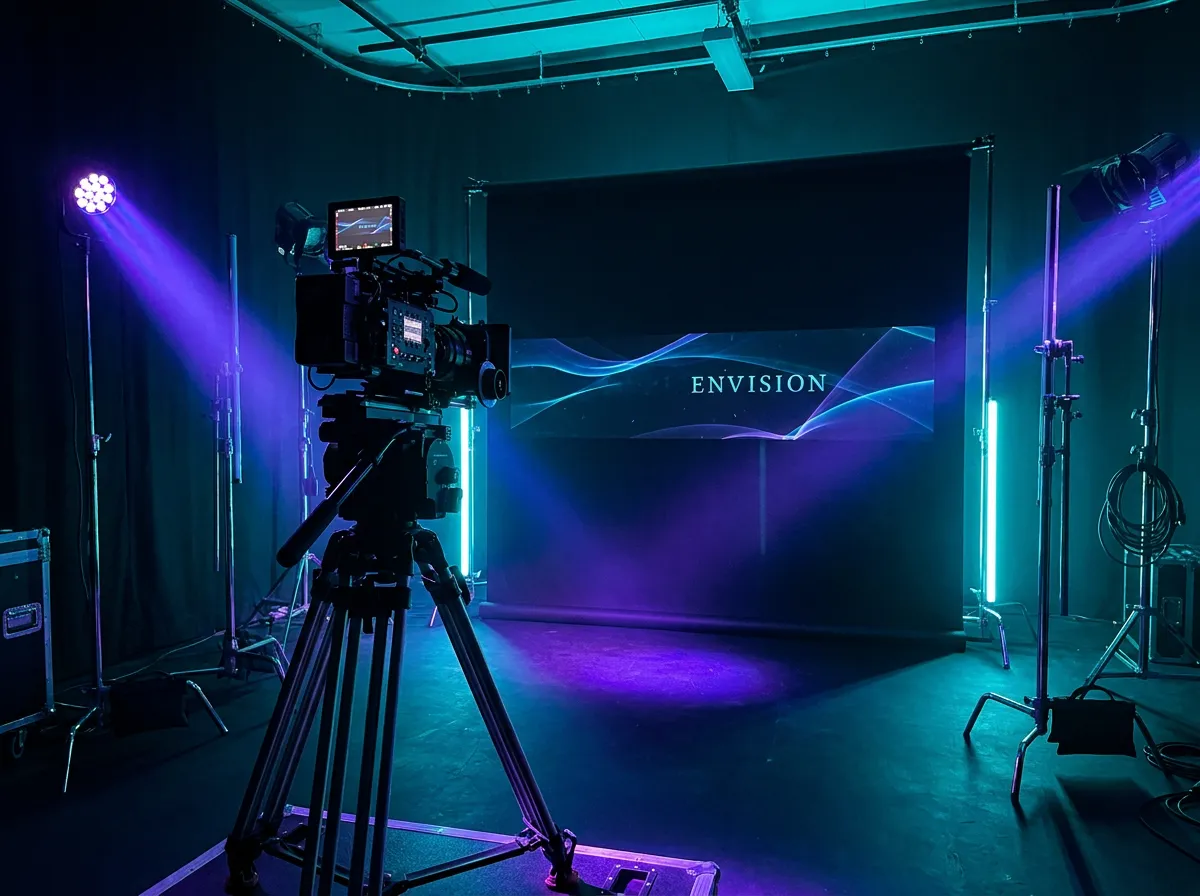Behind-the-scenes photo of a small content production set with studio lighting, a camera on a tripod, and a backdrop being adjusted