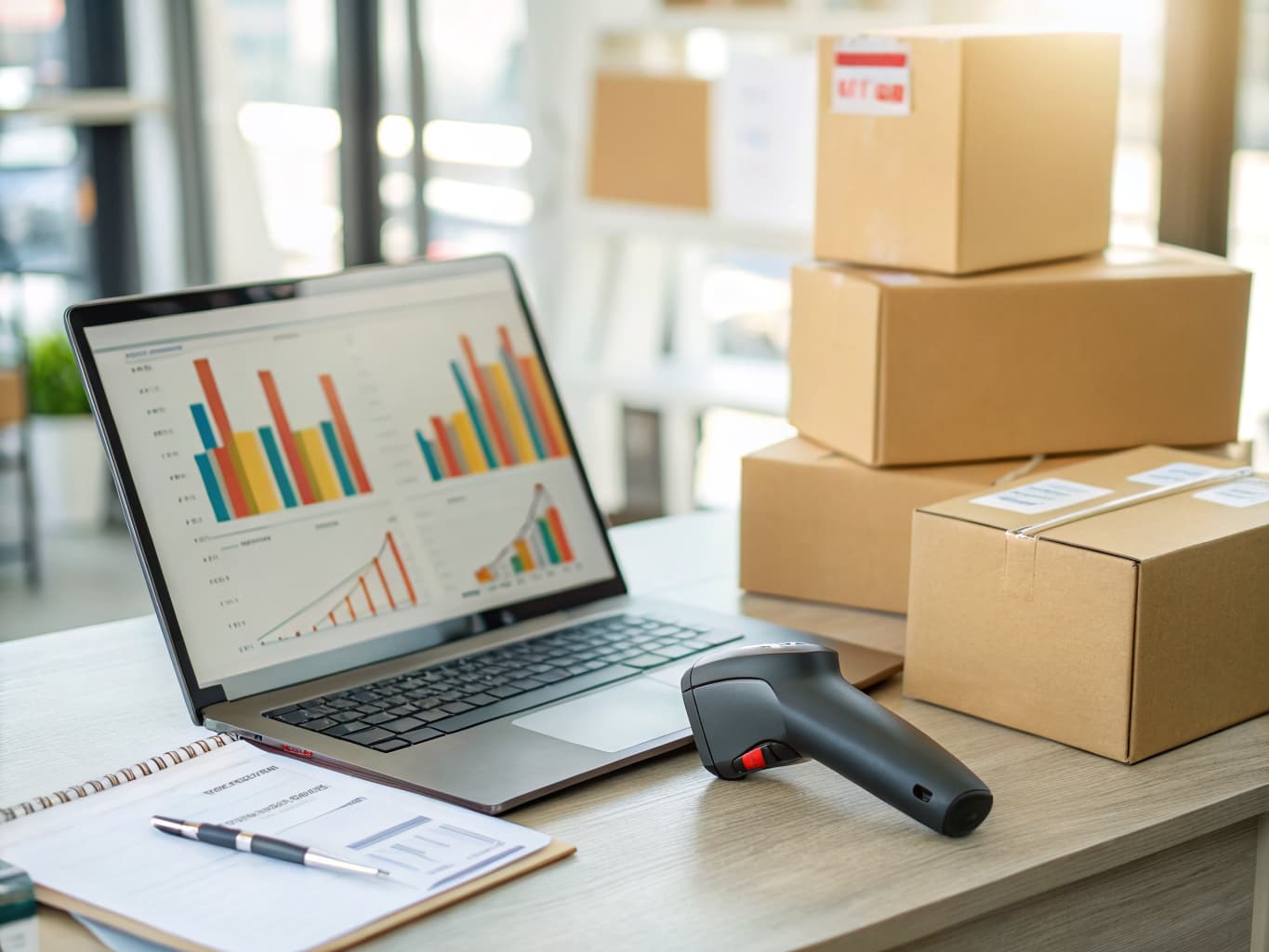 Fulfillment desk with a laptop showing sales charts, a barcode scanner, and stacked shipping boxes ready to ship