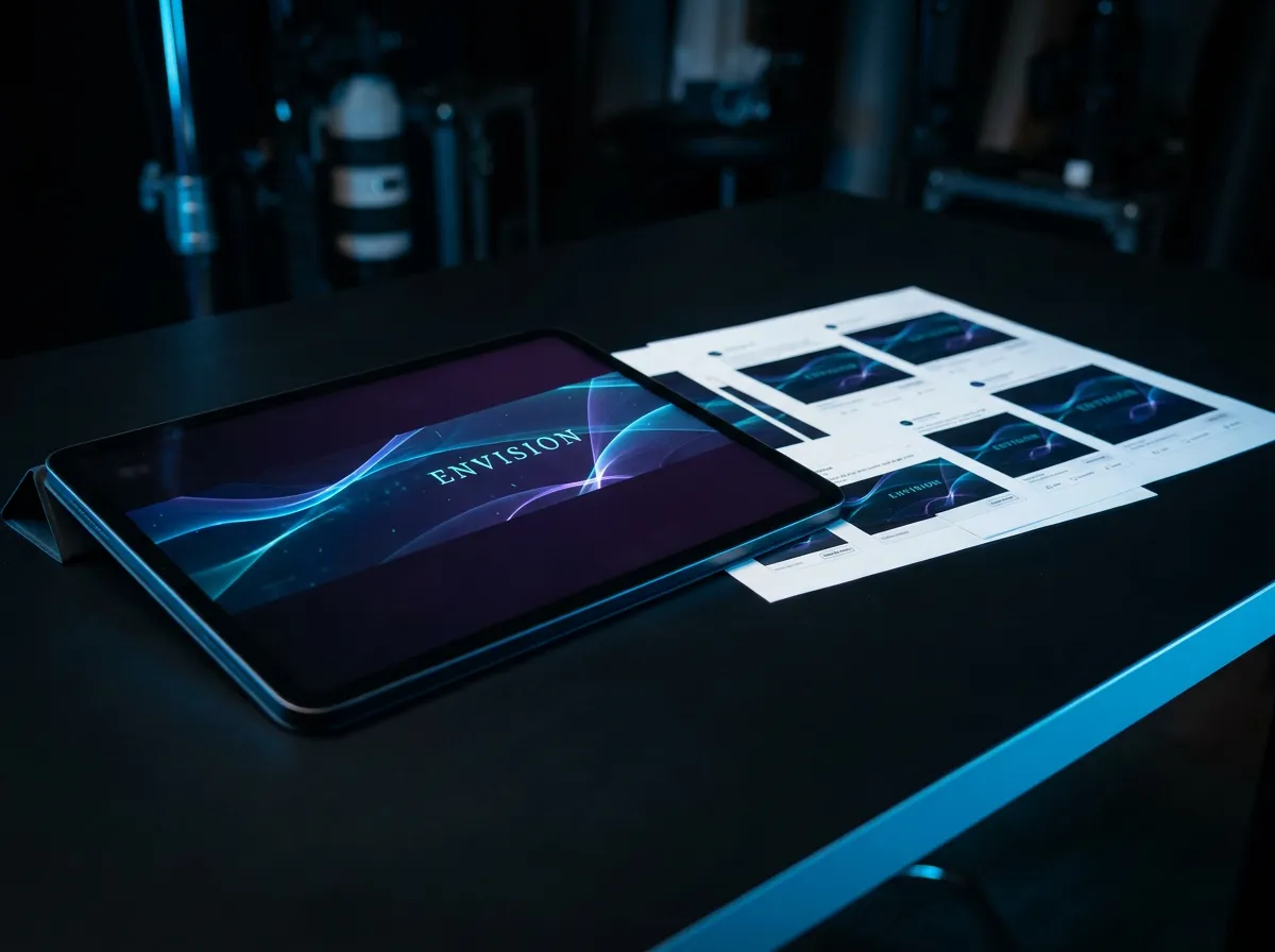 Flat lay of social media campaign mockups displayed on a tablet with printed proofs and brand color swatches
